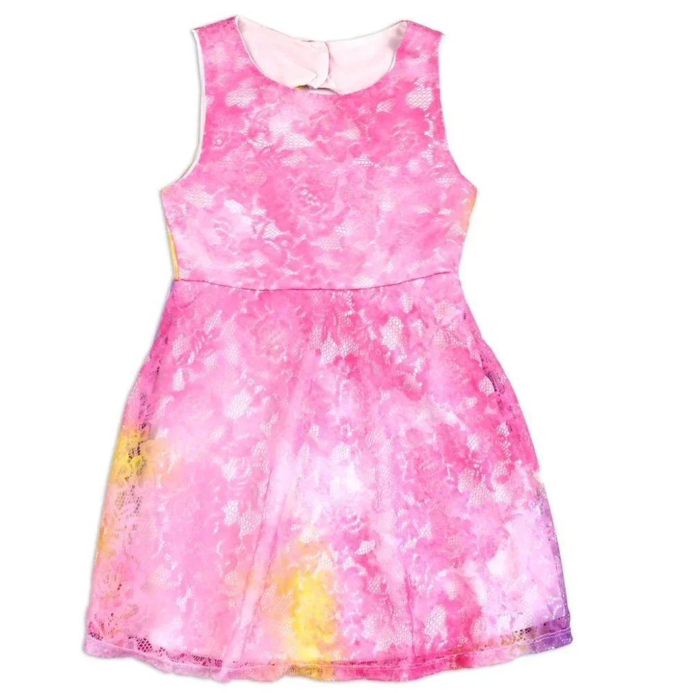 Girls Tie Dye Easter Dress Lace Pink Yellow Purple Lace Over The Skirt 8-12 - Picture 6 of 9